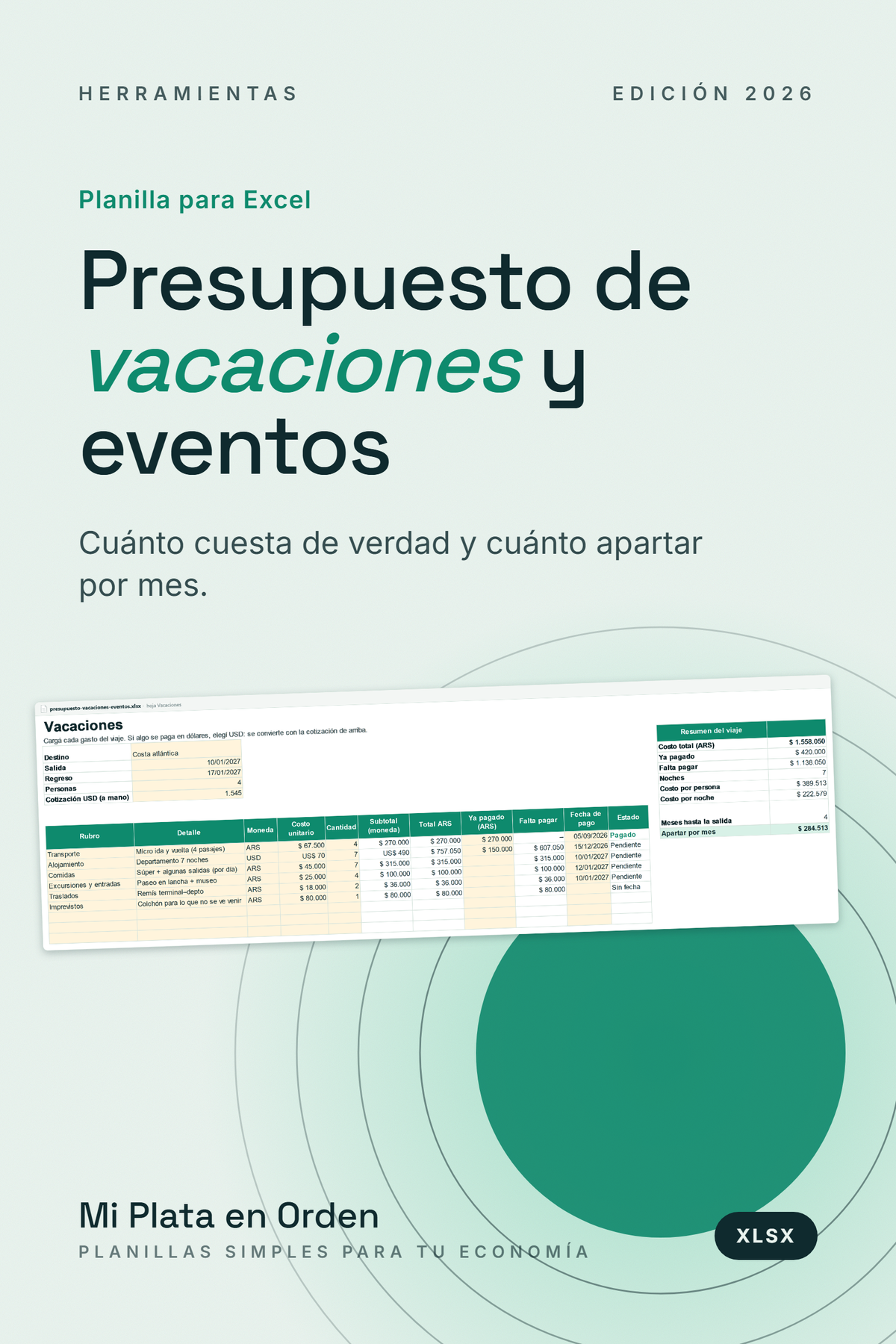 Presupuesto de vacaciones y eventos (planilla para Excel)